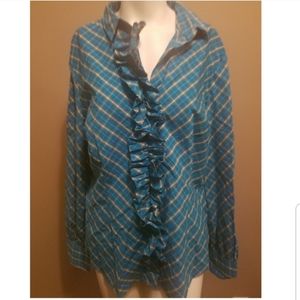 NY &Company BLUE PLAID LONG SLEEVE RUFFLE SHIRT